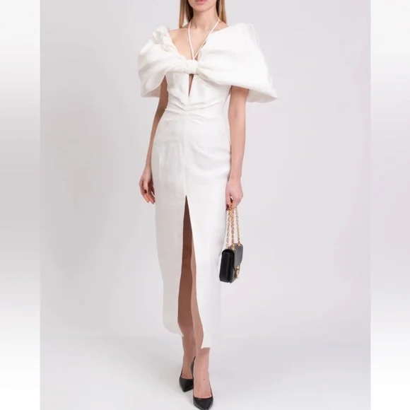 Rasario Bow Embellished Midi Dress - White